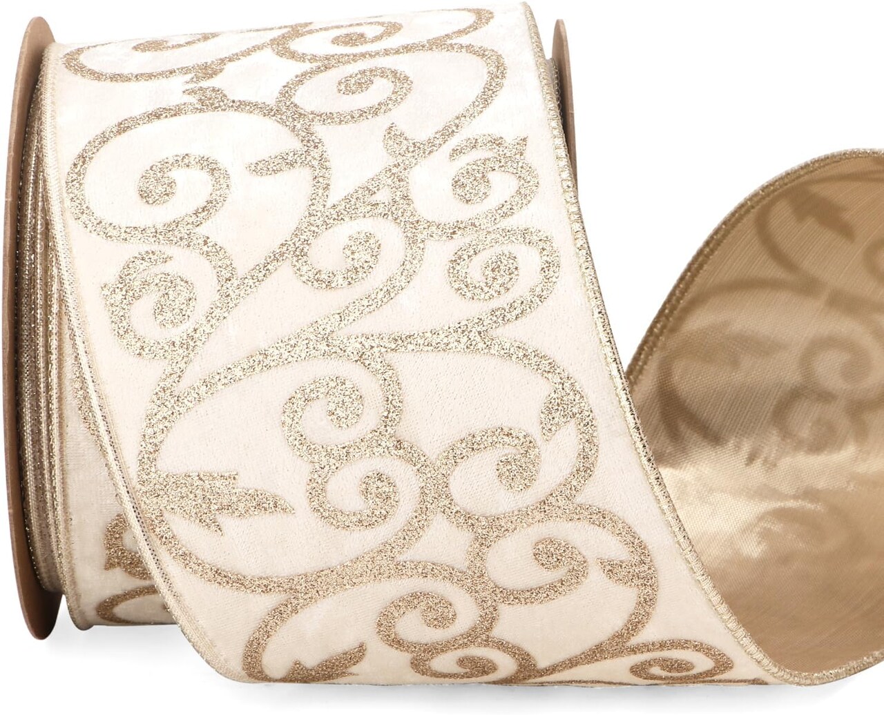 Ivory Velvet Ribbon Wired with Glitter Swirl 4 Inch Christmas Ribbon